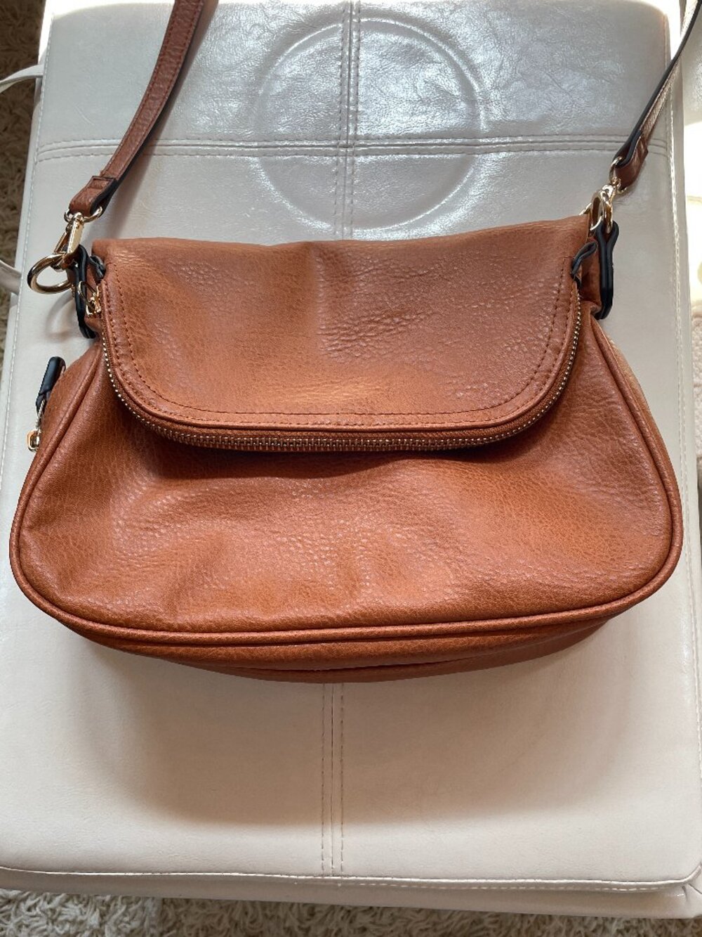 Moda Luxe Cognac Pebbled Vegan Leather Foldover Cross Body Bag